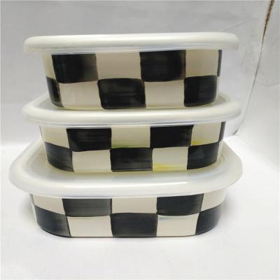 China Sustainable 3pcs/set Pure Storage Bowl Square With Plastic White And Black Cover Squares Enamel Tableware 12cm 14cm 16cm for sale