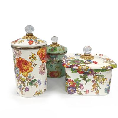 China Wholesale Oil Catcher Royal Enamel Box Recipe Cover Flower Kitchen Storage Tank Sealing Tank Storage Jar Can Be Customized for sale