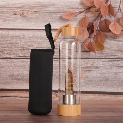 China Gem Water Bamboo Bottle Sustainable Gemstone With Crystal Glass Bottle 500ml With Protective Sleeve for sale