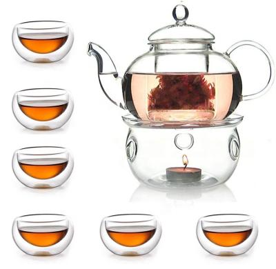 China Viable Celebration Complete Tea Set 600ml Glass Teapot With 6 Double-wall 60ml Glass Tea Cups, Tea Warmer, Removable Glass Infuser for sale