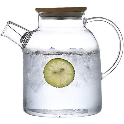 China 1L/1.6L Viable Glass Water Jug Flower Pot Heat Resistant Kettle With Lid Stainless Steel Clear Juice Container Bamboo Cover for sale