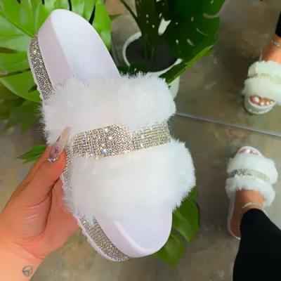 China Fashion Trend Comfortable Bling Bling Diamond High Flat Fur Slipper Sandals For Ladies Women Slippers for sale