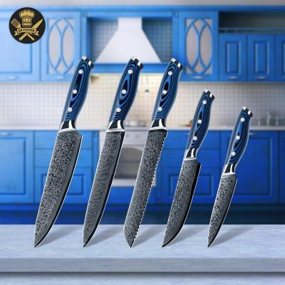 China Skycook Disposable Handmade Kitchen Knives Set Damascus Knife Set with Bule Group of Ten Handle for sale