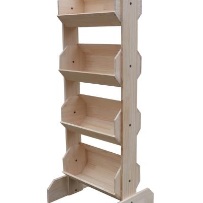 China Sustainable Tiered Wooden Market Fruit Rack Supermarket Fresh Produce Wooden Product Display Bins Racks for sale