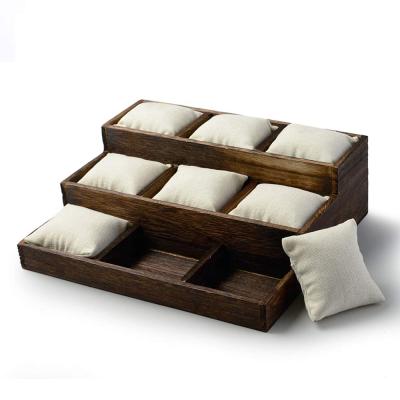 China Durable Solid Wood Fabric Bangle Bracelet Display Jewelry Canvas Trays Watch Tray with Pillow Insert for sale