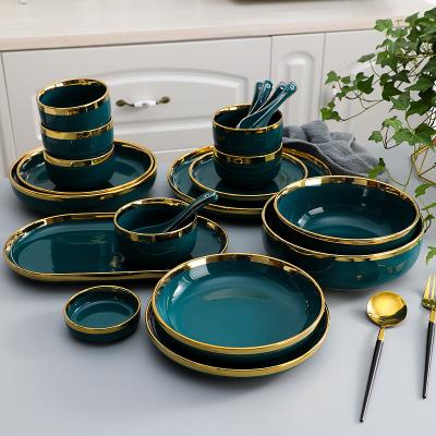 China Custom Viable Nordic Green Black Green Pink Black Green White Ceramic Dinnerware Set Home Restaurant Home Porcelain Dinnerware Set for sale