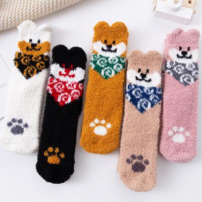 China Cartoon Antibacterial Cat Plush Women's Socks Christmas Knitted Winter Home Socks Mid Plush Socks for sale