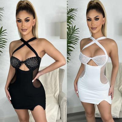 China Viable Hot Selling Rhinestone Mesh Elegant Women Dresses Sexy Sling Drill Hot Mini Party Dress Night Club for sale