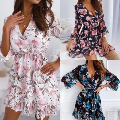 China 2022 new summer anti-static ladies contrast color sexy deep v-neck print lantern sleeve ruffle dress for sale