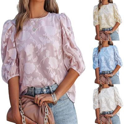 China Breathable Wholesale Floral Printed Hollow Spliced ​​Ladies Chiffon Half Puff Sleeve Tops Plus Size Womens Blouses for sale