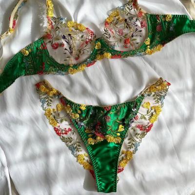 China Style Mesh Lace Embroidery Women Pastoral Thong Women Lingerie New Set Green Flower Lingerie Set With Steel Ring for sale