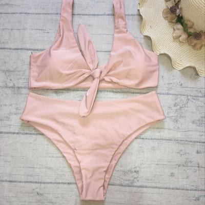 China Swimdress High Waist Chest Knot Bikini Solid Color Swimsuit for sale