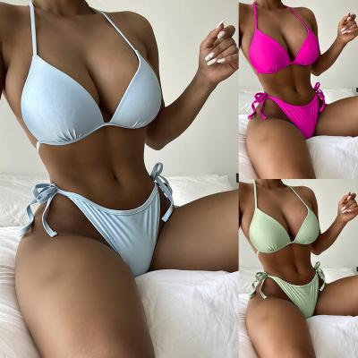 China European and American Spandex Gathering/New ladies bathing suit strap bikini solid color nylon swimwear for sale