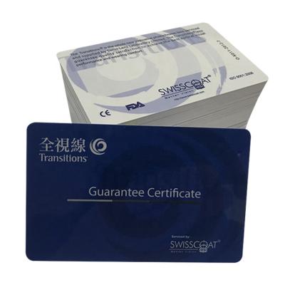 China Custom PVC/PET/ABS Printing 2 Years Warranty Plastic Card Card Warranty PVC Eyeglass for sale