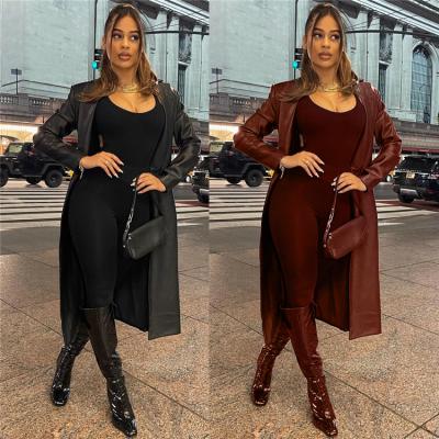 China 2021 Winter Women Outdoor Overcoat Ladies Collar Long Sleeve PU Leather Button Turn Down Elastic Warm Viable Size for sale