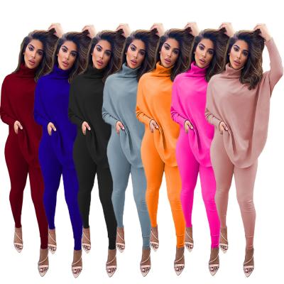 China 2021 New Anti-wrinkle Fall Winter Fashion Solid Color Ladies Casual Bat Wing Sleeve Tops Women's Skinny Two-Piece Sets for sale