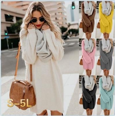 China Wholesale Long Sleeve Crew Neck Wool Plush Midi Dress Winter Loose Elegant Bodycon Plus Size Casual Dresses for sale