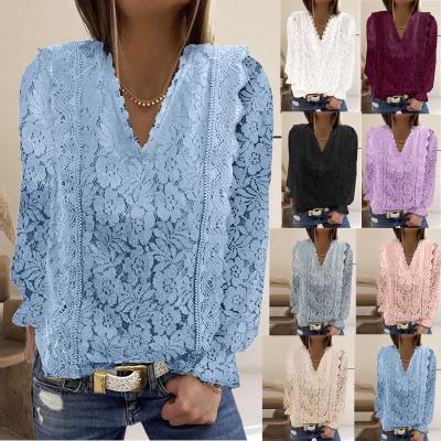 China 2021 Autumn V-Neck Lace Anti-pilling Loose Long Sleeve Woman Tops Fashionable Ladies Blouses And Tops For Office Business Family for sale