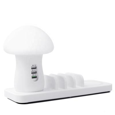 China Multi Function Charging 2020 Universal Desktop Wireless Mushroom 3 in 1 Qi Charging USB Charger Dock Station Multi Device Led Light Portable for sale