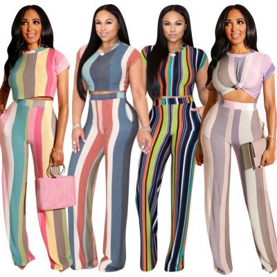 中国 Sustainable Fashion 3732 Plus Size Colorful Striped Wide Leg Pants Women Two Piece Set Clothing 販売のため