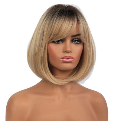 China Hot Selling Straight Realistic Fluffy Gold Blonde Bob Wigs Ombre Short Ombre High Temperature Synthetic Wigs With Bangs for sale