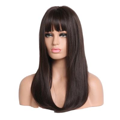 China Long Dark Brown Silky Straight Wave Medium Wigs With Bangs Style Hot Selling Silky Straight Synthetic Wavy With Bandhead for sale