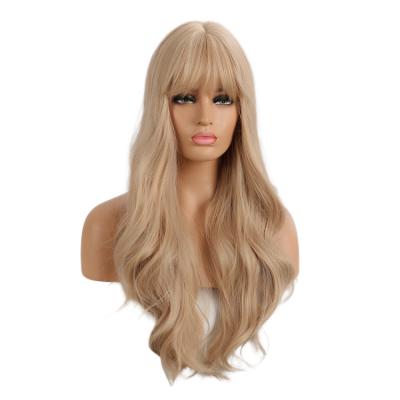 China Super Wave Synthetic Light Brown Wigs For Color Women Long Wavy Hair Wig With Neat Bangs Meiwei Fiber Heat Resistant Hair for sale