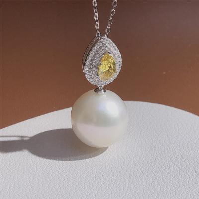 China White Freshwater Pearl Gem Zircon Pearl Necklace Yellow Sterling Silver Top Quality Round 14-15MM TRENDY Pearl Pendant Necklace for sale