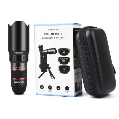 China detachable & sustainable& New Products 28X Zoom Telephoto Phone Long Distance Camera Lens 4 in 1 Fish Eye Angel Macro Lens Wide Kit for Android and IOS Phone for sale