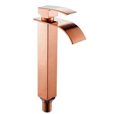 China Metered Faucets Bathroom Sink Faucet Deck Mounted Basin Faucet Rose Gold Waterfall Basin Faucet for sale