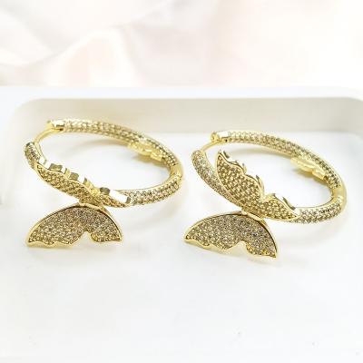 China Fashion TRENDY Jewelry Brass 18K Gold Plated Jewelry White CZ Butterfly Circle Earrings for sale