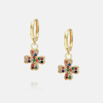 China TRENDY Fashion 4 Leaf Clover Drop Circle Earrings 18K Gold Plated Beautiful 4 CZ Leaf Clover Circle Earrings for sale