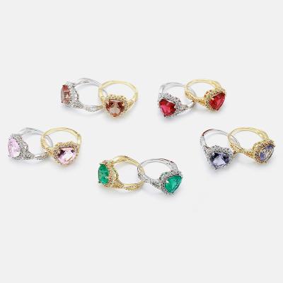 China Fashion TRENDY Jewelry Brass Gold Plated Colorful CZ Glass Heart Shaped Rings for sale