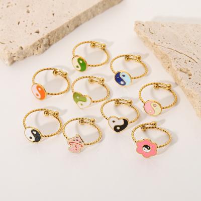 China TRENDY Fashion Jewelry Gold Plated Stainless Steel Yin Yang Adjustable Ring Colorful for sale