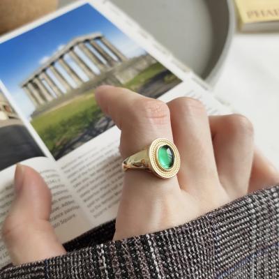 China TRENDY Fashion Jewelry 925 Sterling Silver Gold Plated Green Stone Adjustable Ring for sale