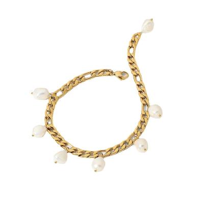 China FASHIONABLE Personalized Stainless Steel 18K Gold Plated Figaro Pearl Chain Bracelet for sale