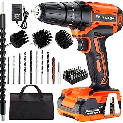 China Plastic + Driver 2021 Factory Logo Quality Custom Cordless Drill Plastic + Metal Set With Battery and Charger 20V Cordless Dril for sale