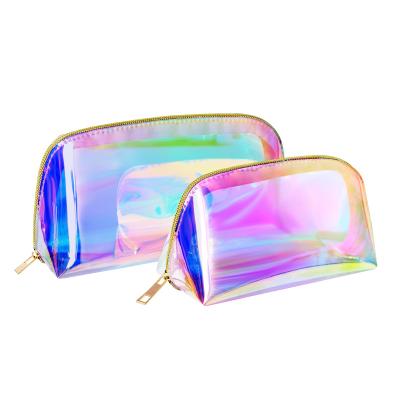 China Fashion Korean Large Capacity TPU Shell Makeup Bag Transparent Waterproof Laser To Shine Color Wash Portable Bag Semicircular Storage Bag for sale