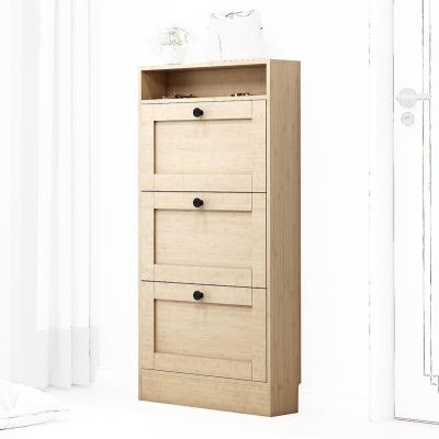 China Contemporary Ultra Thin Space Saving Single Layer Three Drawer Chest Shoe Cabinets Knock Down Shoe Rack Door Variety Of Colors for sale