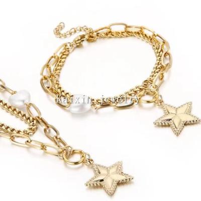 China New Gold Jewelry Fashion Cute Star Stainless Steel Bracelet Women's Necklace Doubles Set Jewelry for sale