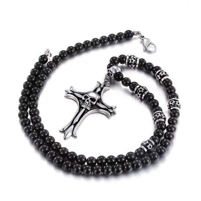 China High Quality Punk Agate Necklace Jewelry Stainless Steel Custom Skull Cross Necklace For Men for sale