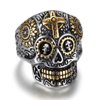 China Wholesale Mens Skull Cross Gold Ring Stainless Steel Factory Jewelry Punk Punk Ring for sale