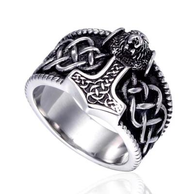 China Vintage Viking Jewelry Stainless Steel Thor's Hammer Ring Men's Viking Ring for sale