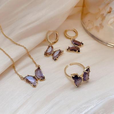 China 2021 New Design Lucky Amethyst Earrings Romantic Purple Butterfly Earring Necklace Rings Set for sale