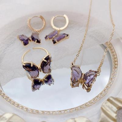 China Necklaces Gold Romantic Crystal Necklace Charms Butterfly Earrings Butterfly Rings Set For Women Necklace Set for sale