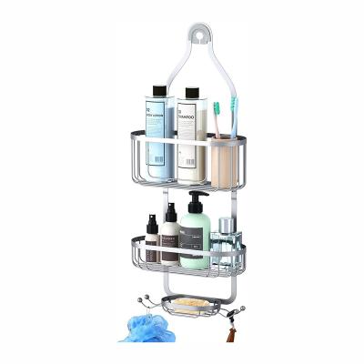 China Non-slip Stylish Silver Shower Caddy Shower Storage Rack Basket with Hooks for Razor and Sponge for sale