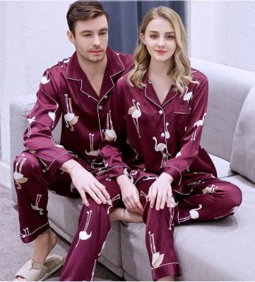 China QUICK DRY 2 Pieces Set Womens/Mens Pajamas Long Silk Wrap Button Sleepwear Pajamas Suit For Women/Men for sale