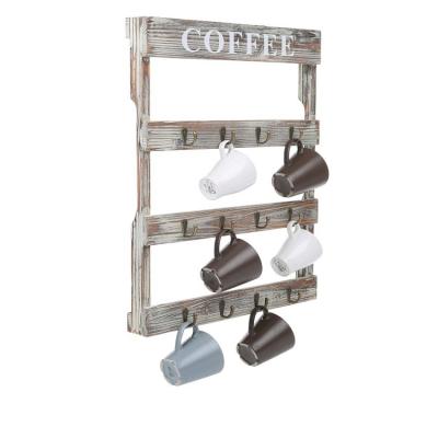 China (Size)Adjustable 12 Hook Torched Wooden Wall Mounted Storage Rack Kitchen Cup Holder Coffee Coffee Table for sale