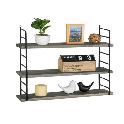 China Industrial Storage 3 Tier Metal And Gray Wood Adjustable Wall Mounted Floating Bamboo Display Shelf Wall Shelf for sale