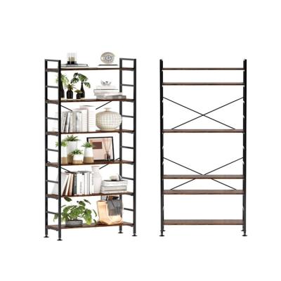 China Rustic Standing Wooden Shelves Wall Installation Shelves Adjustable Tall Storage 6 Tier Wood And Metal Bookcase Box for sale